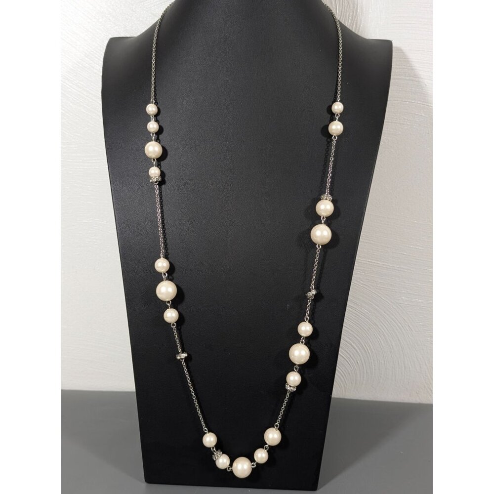 Retro‎ White Faux Pearl Station Chain Rhinestone Long Layering Necklace 34"
